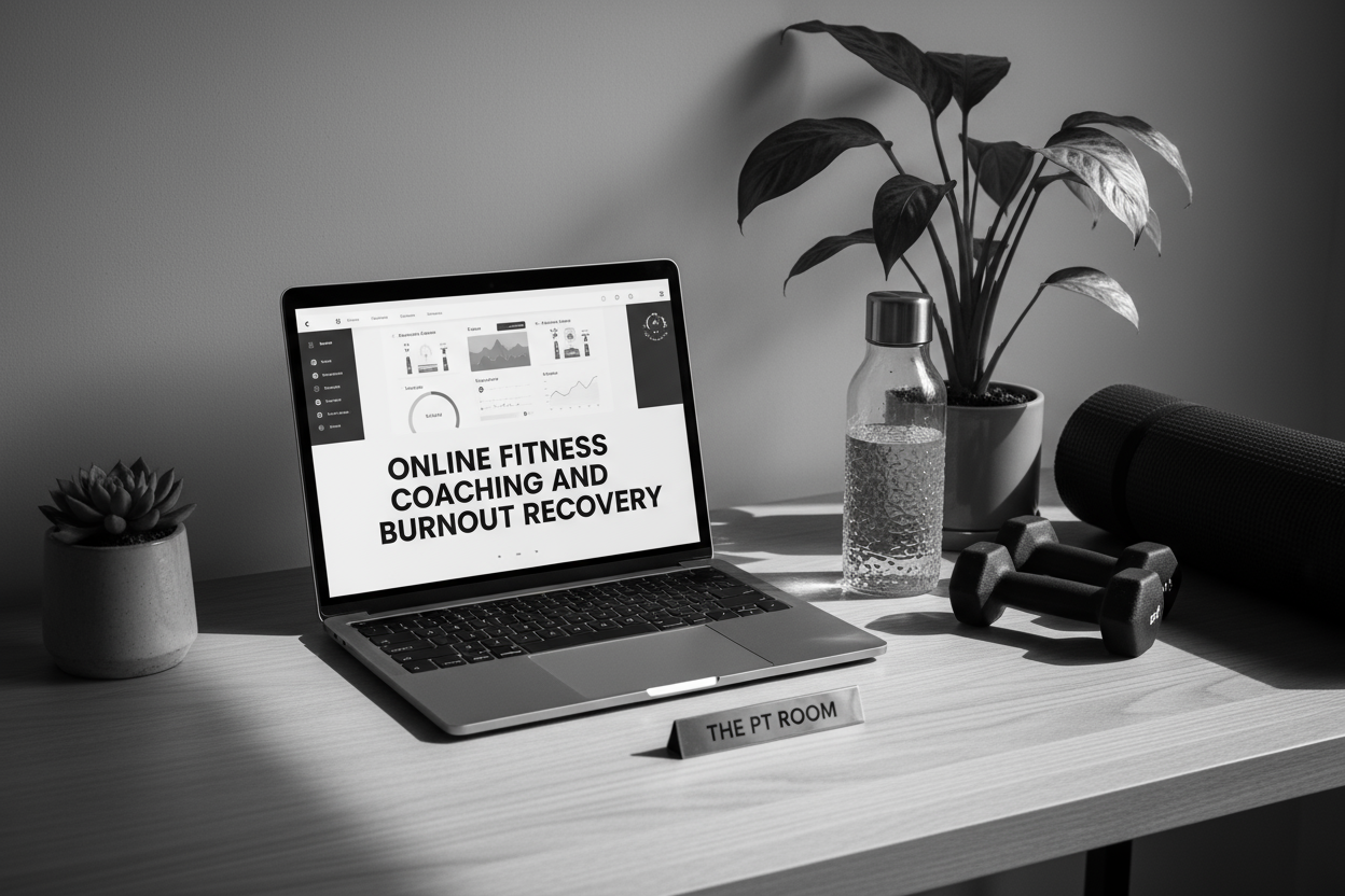 create an image to demonstrate 'online fitness coaching and burnout recovery' in monochrome, with this wording incorporated, no people but real images, add THE PT ROOM somewhere in the image