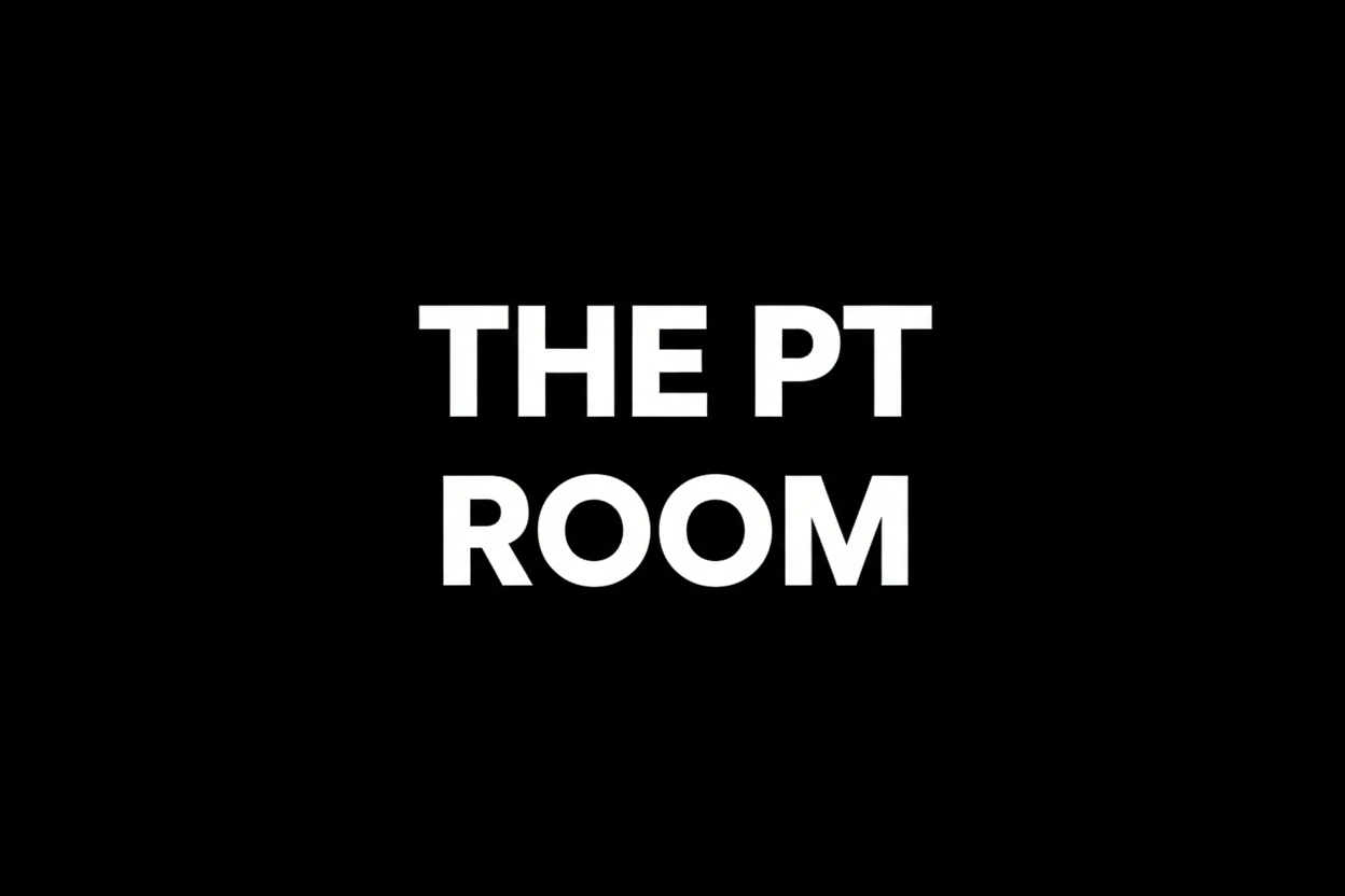 THE PT ROOM in white writing on a black background, with ROOM on a separate line. Make it big enough to fit on mobile view